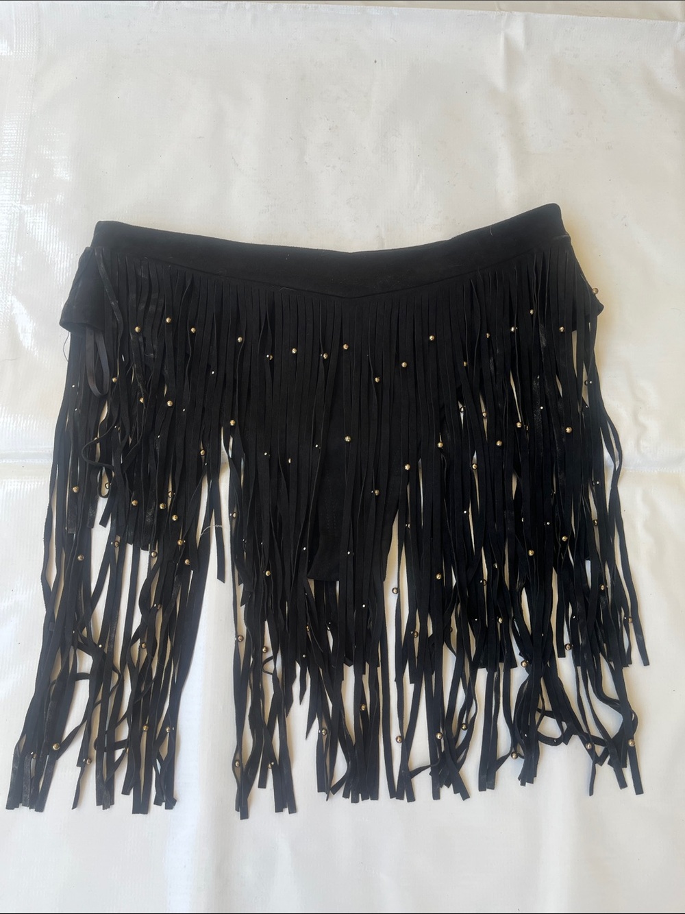 iHeartRaves Black Fringe Mini Skirt with Gold Beads